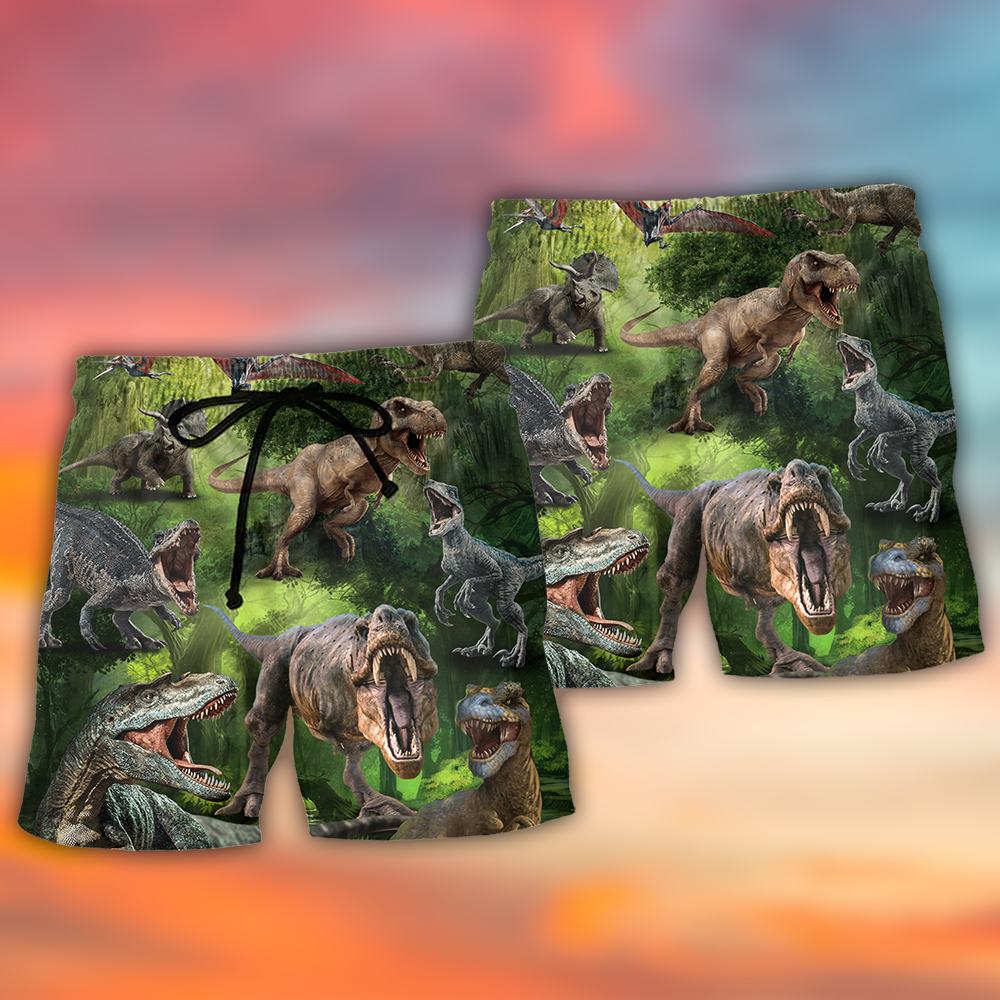 Forest Dinosaur Beach Shorts Pattern Detail For Relaxed Weekends And Thoughtful Gift Giving
