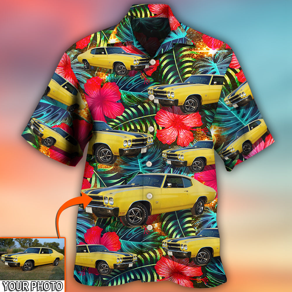 Tropical Floral Car Chevelle Custom Photo Hawaiian Shirt Design Detail For Sunny Adventures And Casual Wear