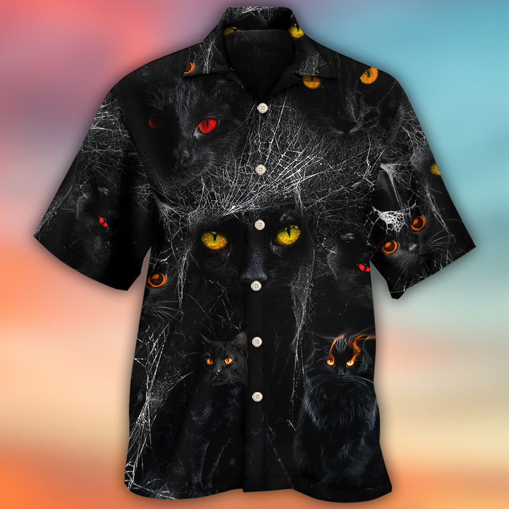 Black Dark Cat Halloween Night Hawaiian Shirt Artwork Detail For Resort Trips And Outdoor Activities