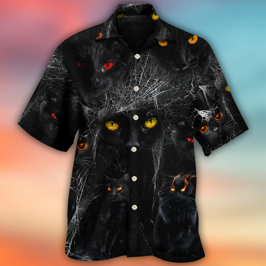 Black Dark Cat Halloween Night Hawaiian Shirt Artwork Detail For Resort Trips And Outdoor Activities
