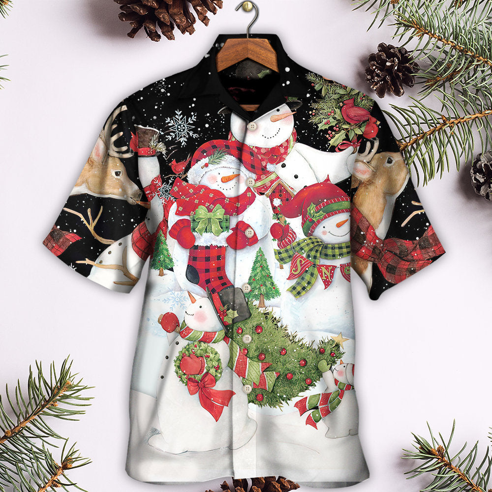 Cute Christmas Snowman Cardinal Hawaiian Shirt Front Pattern View For Tropical Vacations