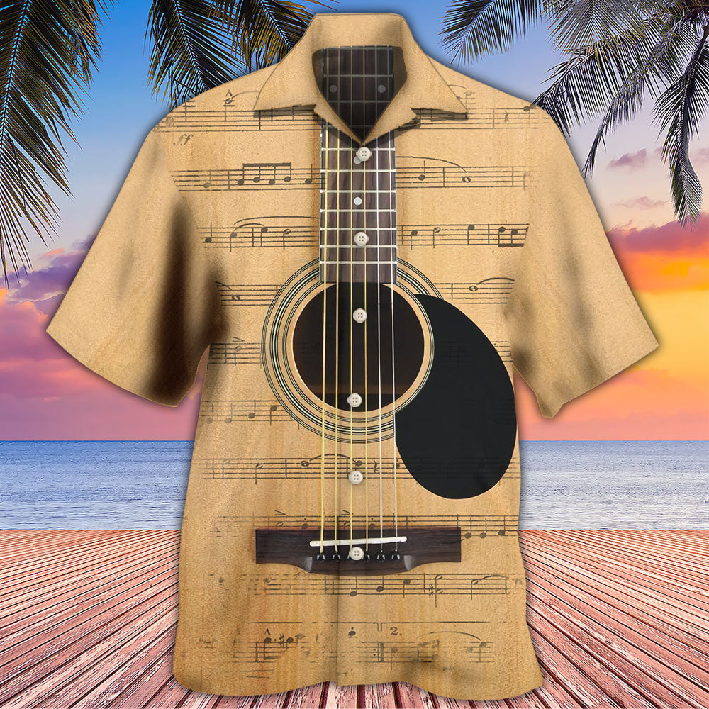 Retro Guitar Music Notes Hawaiian Shirt For Festival Travel, Beach Gatherings, And Relaxed Summer Style