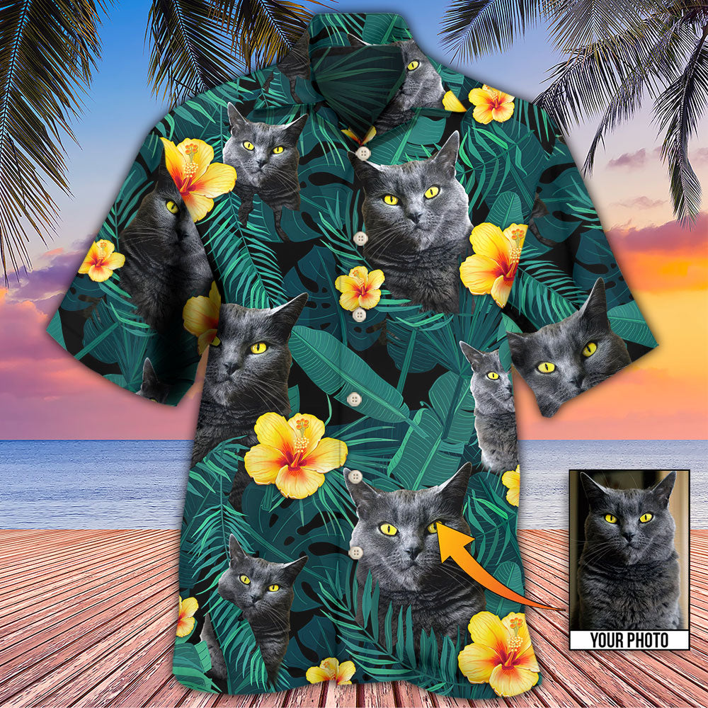 Tropical Black Cat Personalized Photo Hawaiian Shirt Artwork View For Resort Wear