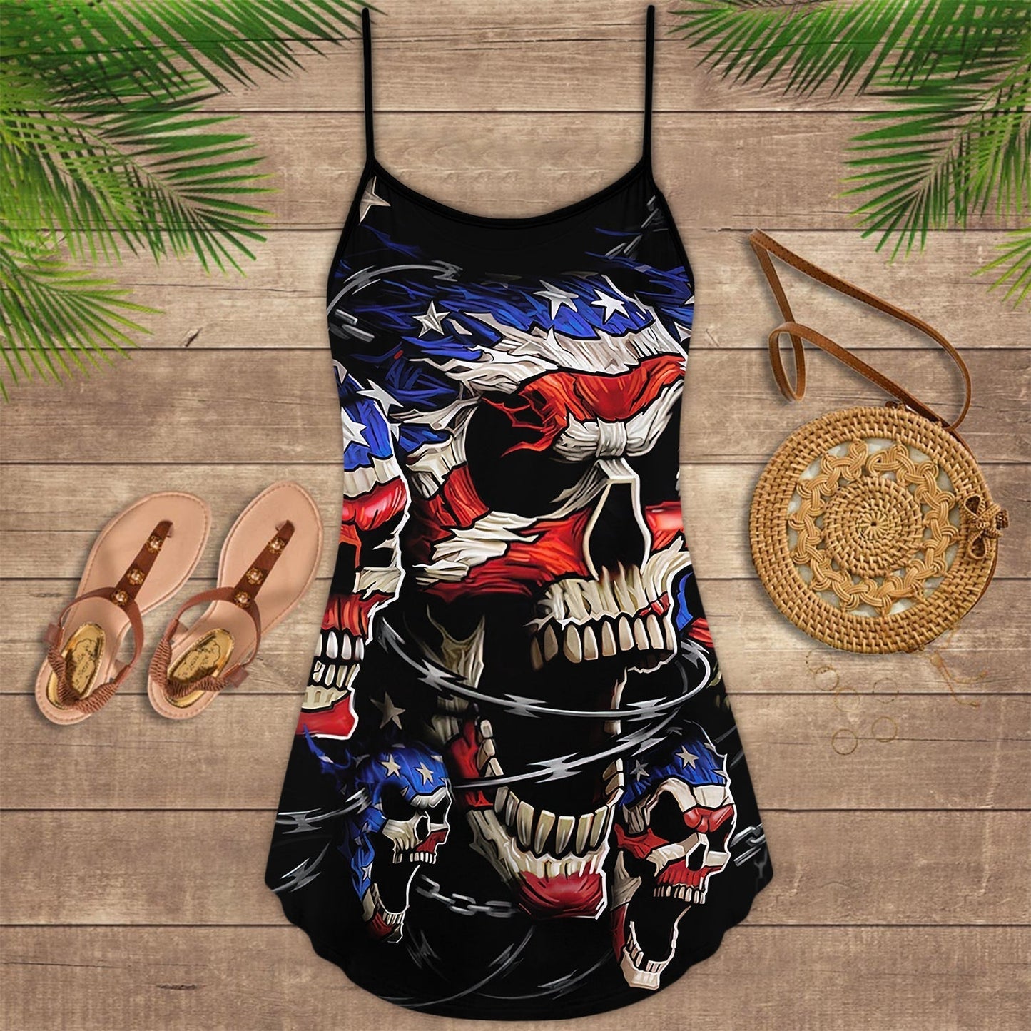 Skull Love America Forever V-Neck Sleeveless Cami Dress For Alternative Festivals And Bold Summer Style