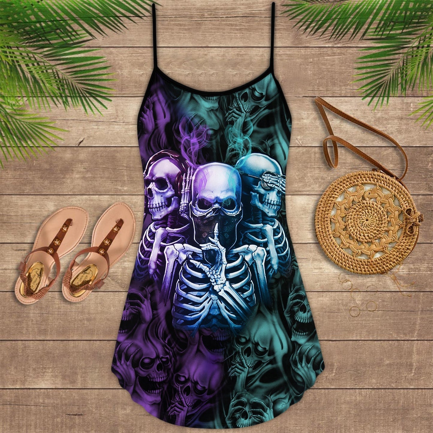 Skull Neither Hear Nor See V-Neck Sleeveless Cami Dress For Travel And Expressive Warm Weather Fashion