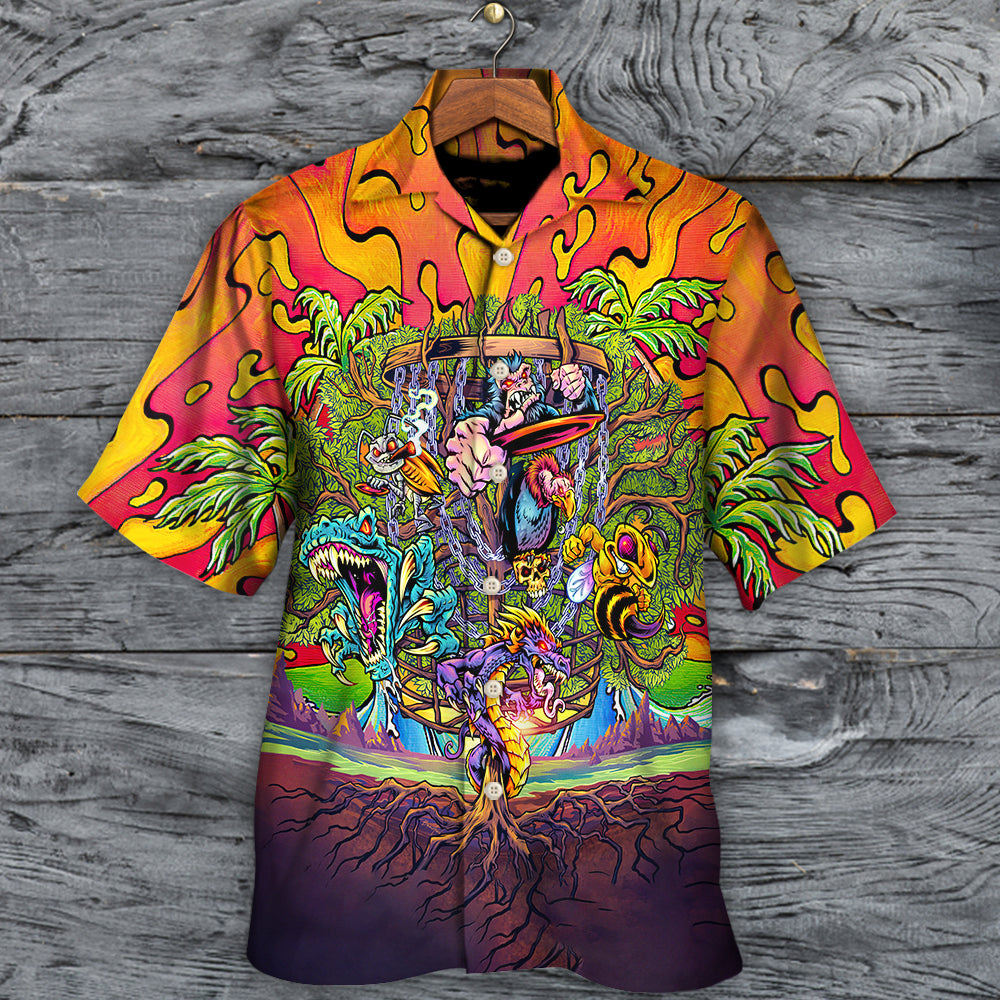 Tropical Coastal Disc Golf Activity Hawaiian Shirt Tropical Styling View For Warm Weather Events