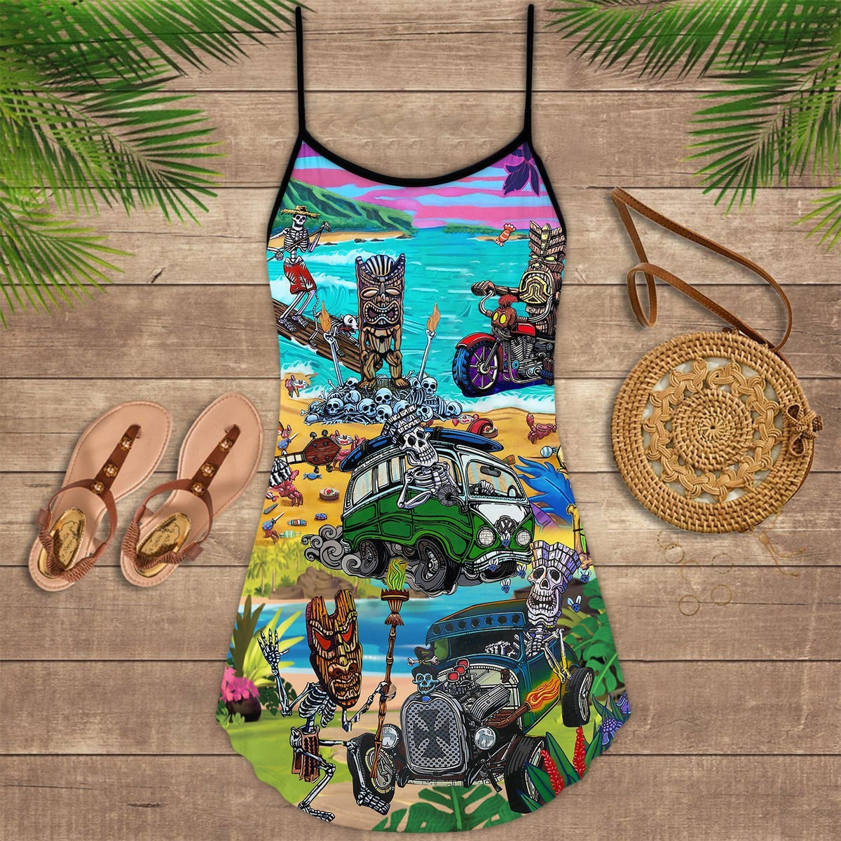 Skull And Tiki Beach V-Neck Sleeveless Cami Dress For Dark Art Lovers And Thoughtful Gifting