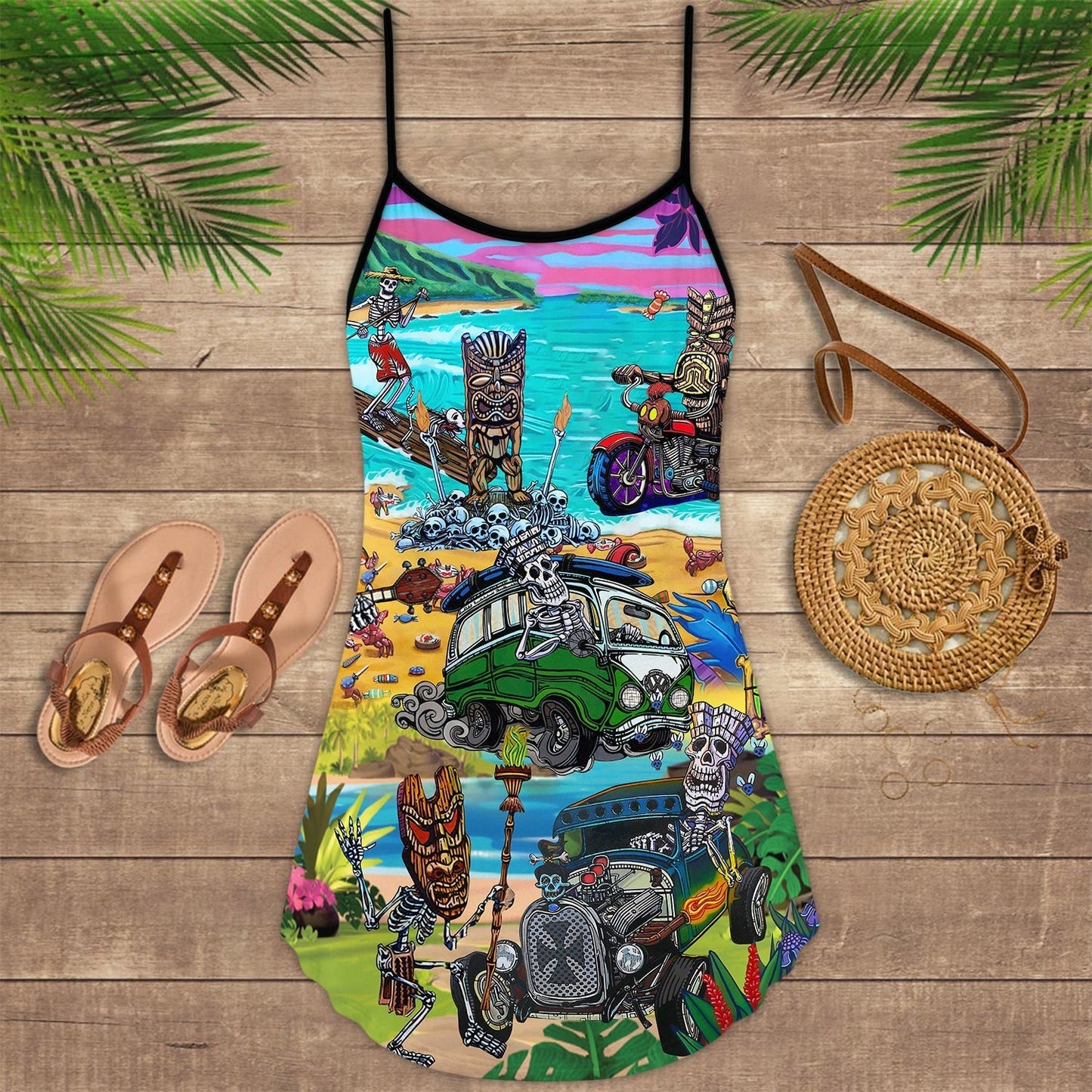 Skull And Tiki Beach V-Neck Sleeveless Cami Dress For Dark Art Lovers And Thoughtful Gifting