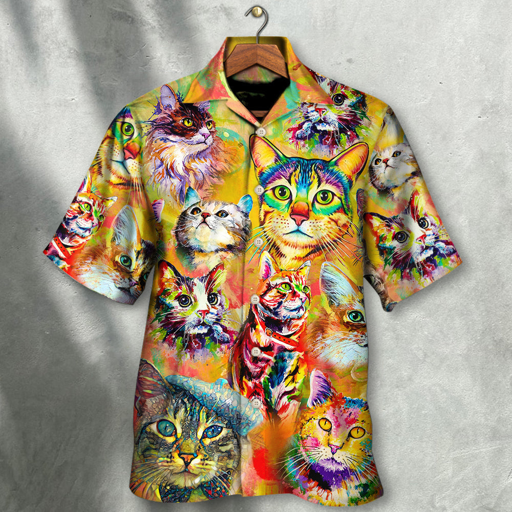 Funny Colorful Watercolor Cat Hawaiian Shirt Pattern Detail For Vacation Travel And Daily Wear