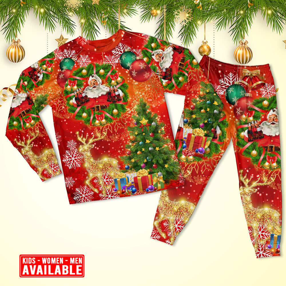 Santa Holiday Drink And Christmas Tree Long Sleeve Pajamas Set For Christmas Sleepwear And Family Lounging