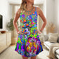 Stay Trippy Hippie Mushroom V-Neck Sleeveless Cami Dress For Summer Getaways Parties And Expressive Hippie Style