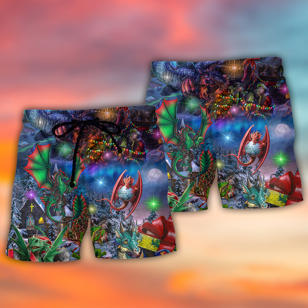 Dragon Christmas Light Fantasy Beach Shorts Pattern View For Resort Days And Outdoor Activities