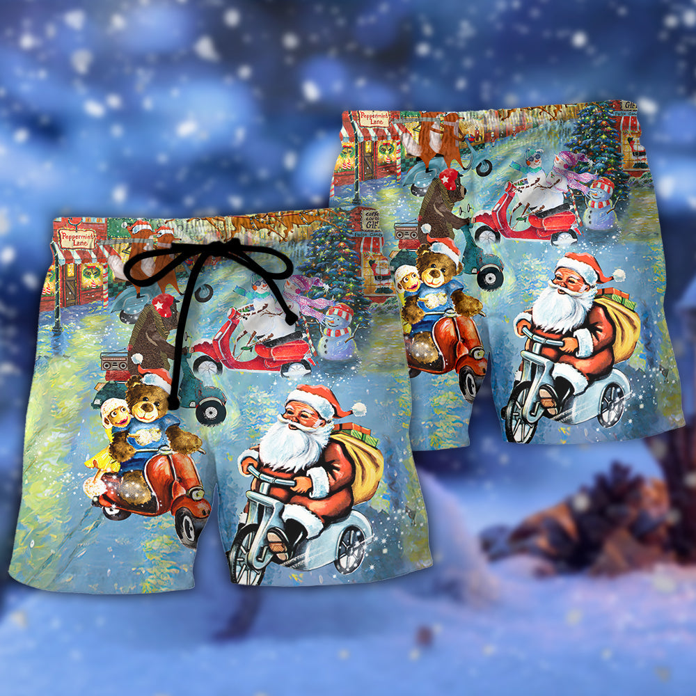 Christmas Santa And Animals Scooter Fun Beach Shorts For Warm Weather Travel And Everyday Comfort
