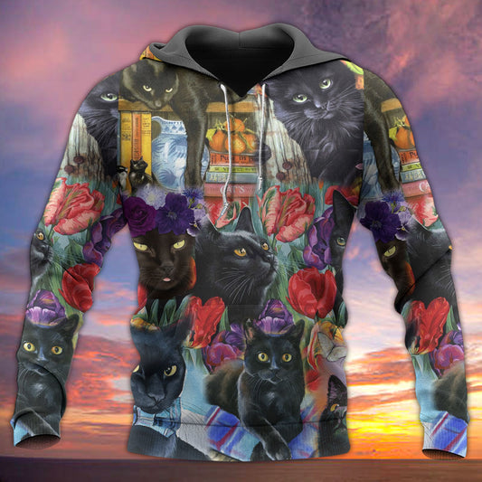 Black Floral Fantasy Cat Hoodie For Imaginative Adventures Casual Wear And Comfortable Layering