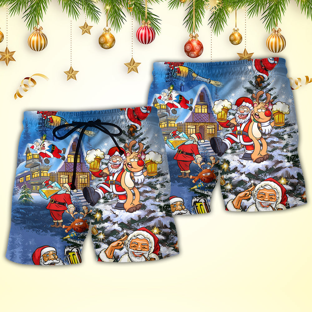 Christmas Santa Beer Beach Shorts Pattern Detail For Relaxed Weekends And Laid Back Styling