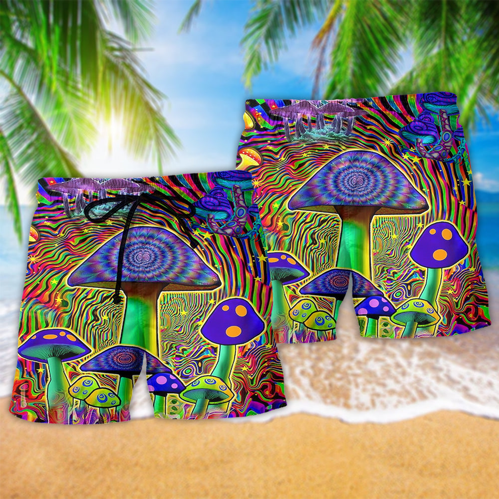Hippie Mushroom Colors Beach Shorts Artwork Detail For Casual Warm Weather Outfits
