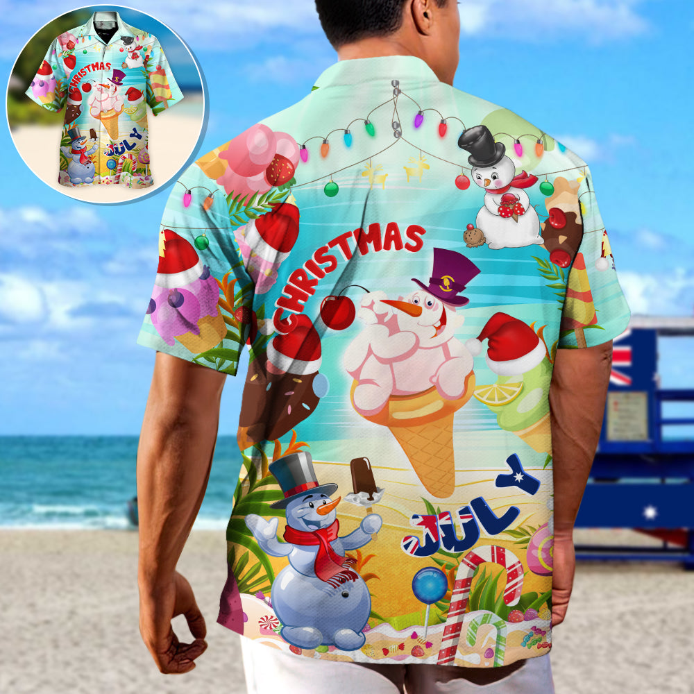 Summer Christmas July Snowman Ice Cream Hawaiian Shirt For Summer Vacation, Beach Travel, And Casual Wear