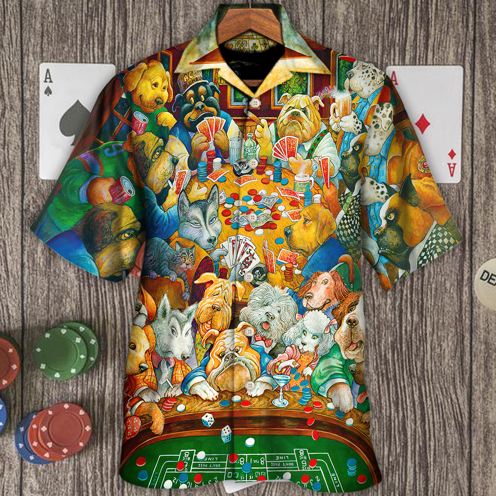 Gambling Dog Canines Poker Hawaiian Shirt Detailed Pattern View For Casual Outings