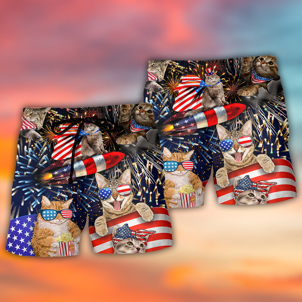 Cat USA Independence Day Fireworks Beach Shorts Pattern View For Coastal Holidays And Casual Activities