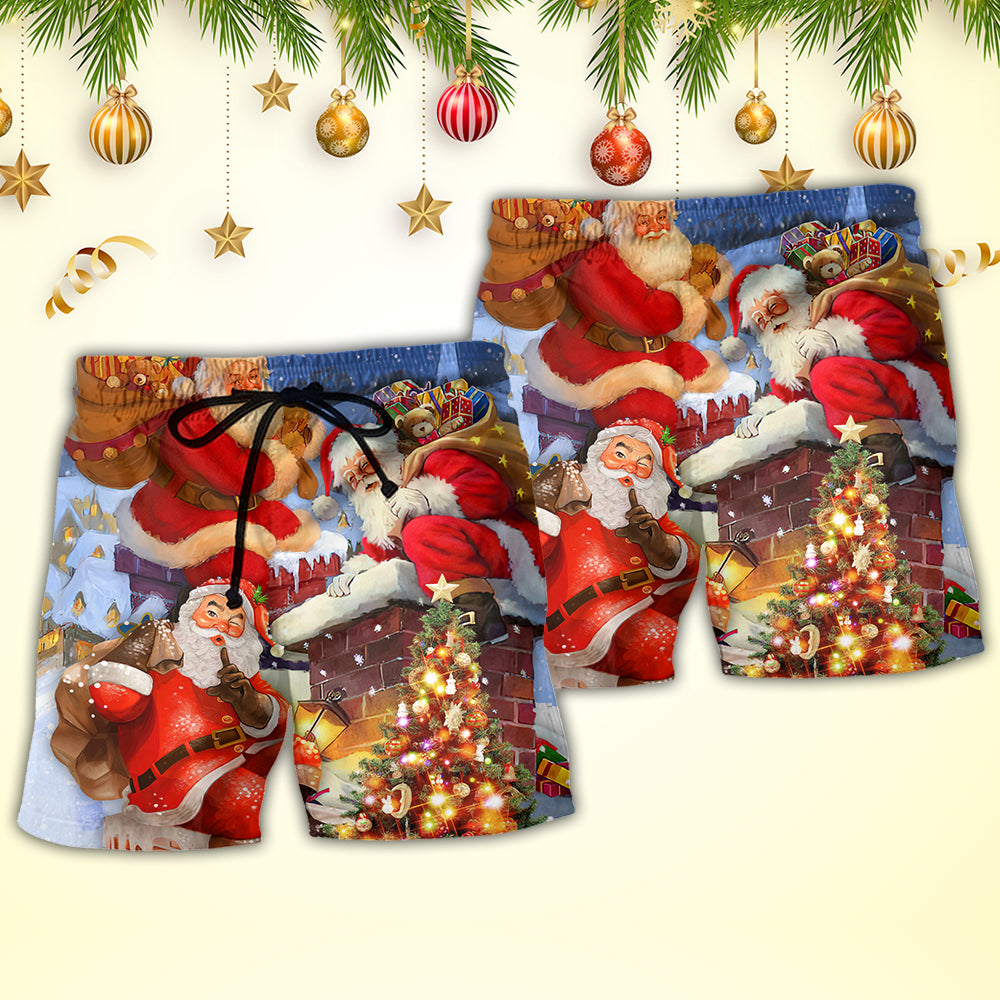 Christmas Santa Rooftop Beach Shorts Pattern Detail For Relaxed Warm Weather Outfits