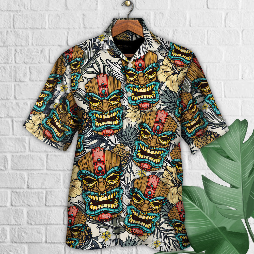 Tropical Tiki Tribal Mask Leaf Hawaiian Shirt For Summer Vacation And Beach Travel