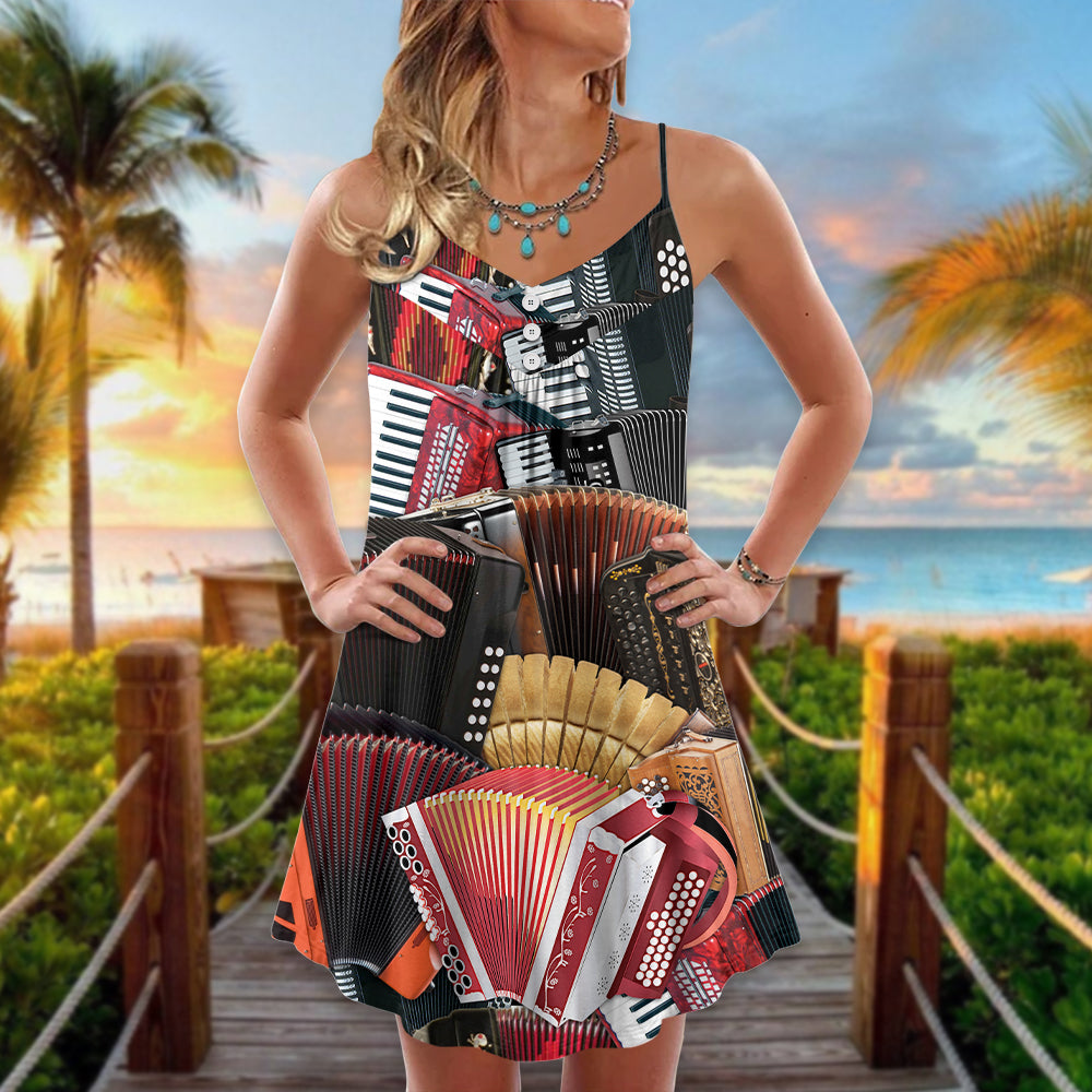 Accordion Gentleman Music Quote V-Neck Sleeveless Cami Dress For Festivals Travel And Relaxed Casual Summer Wear