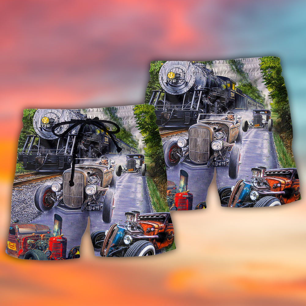 Hot Rod Racing Power Machine Beach Shorts Pattern Detail For Sunny Outdoor Activities