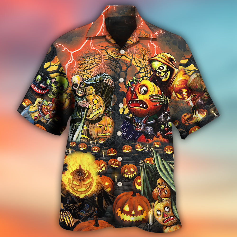 Dark Skull Halloween Pumpkin Hawaiian Shirt Pattern View For Lightweight Everyday Style