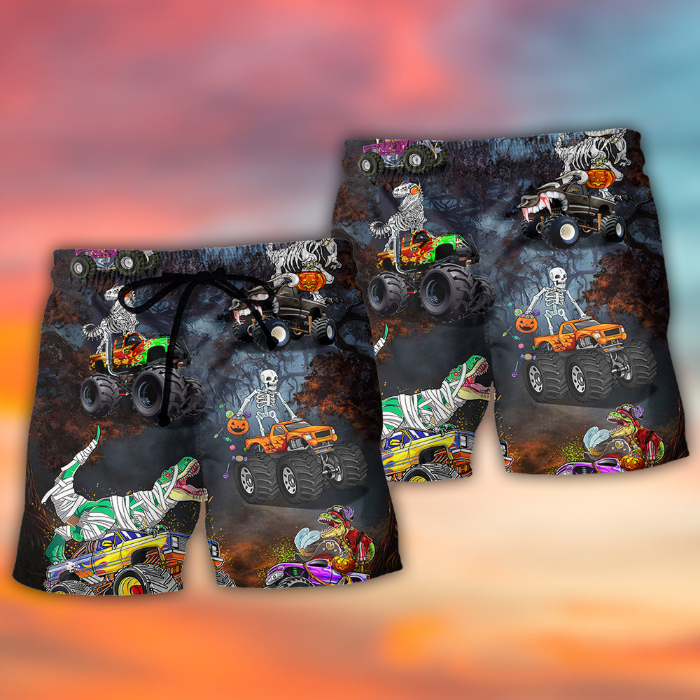 Halloween Skeleton Dinosaur Monster Truck Beach Shorts Pattern Detail For Island Trips And Everyday Comfort
