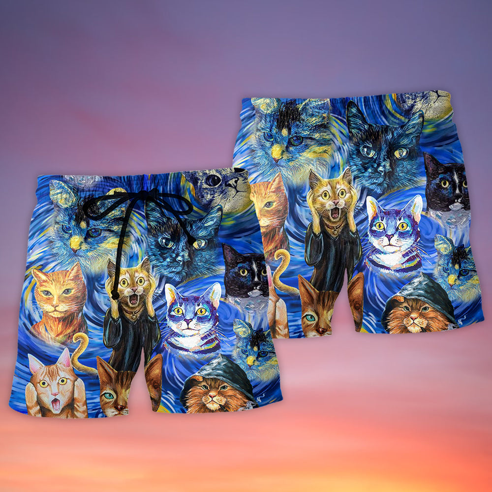 Funny Cat Starry Night Painting Beach Shorts Print View For Coastal Escapes And Casual Outings