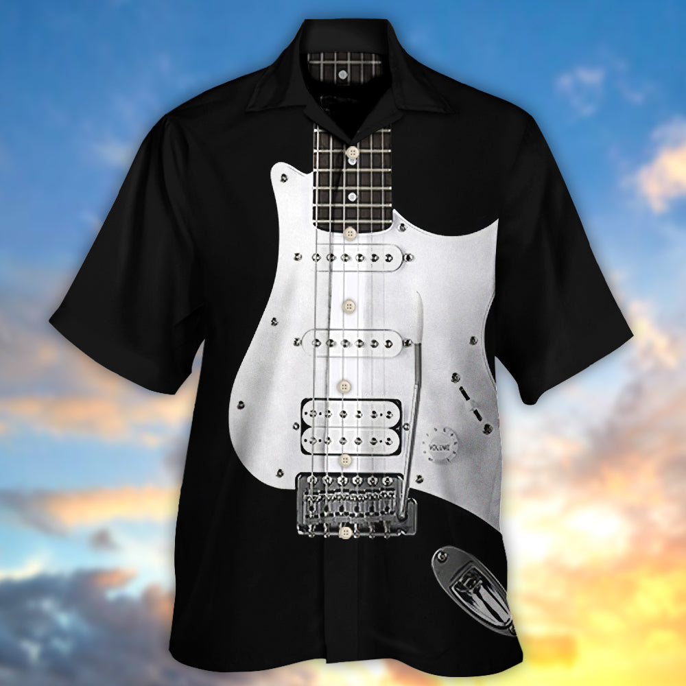 Black Electric Guitar Hawaiian Shirt Pattern View For Relaxed Warm Weather Outfits