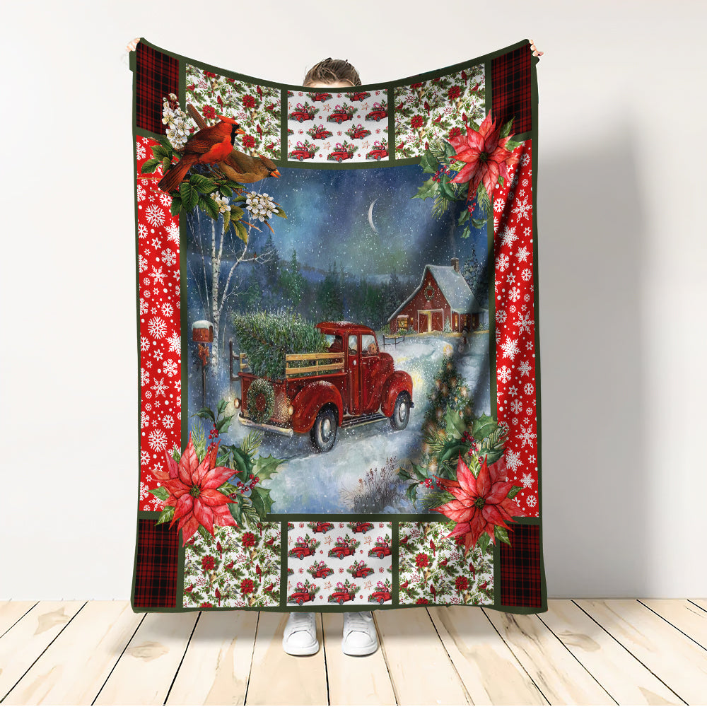 Cardinal Red Truck Christmas Flannel Blanket For Cozy Bedroom Sofa Decor