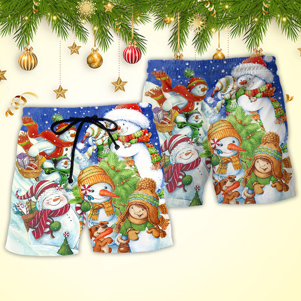Christmas Snowman Beach Shorts Pattern Detail For Island Trips And Versatile Outdoor Wear