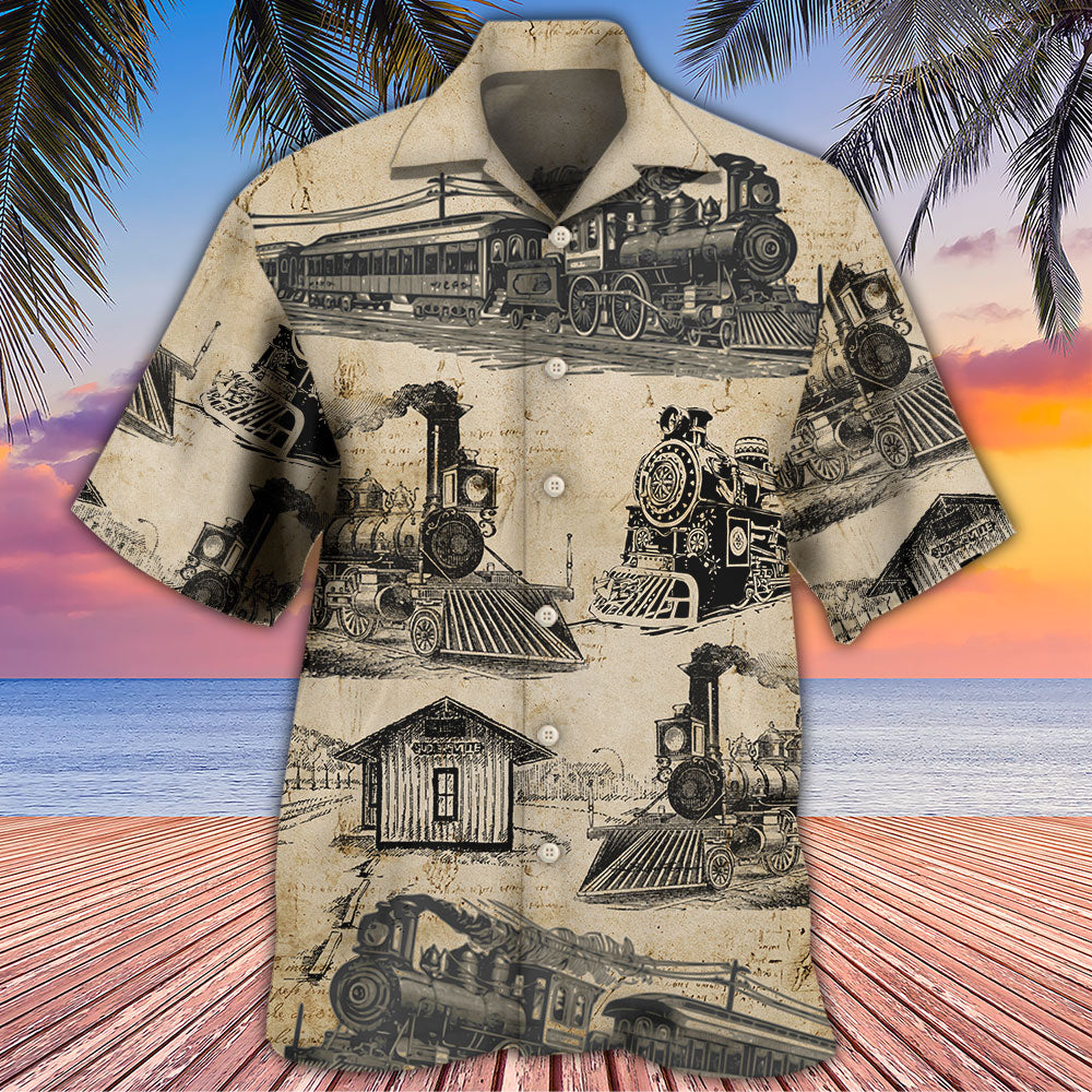 Vintage Retro Train Sketch Hawaiian Shirt Creative Print View For Tropical Vacations
