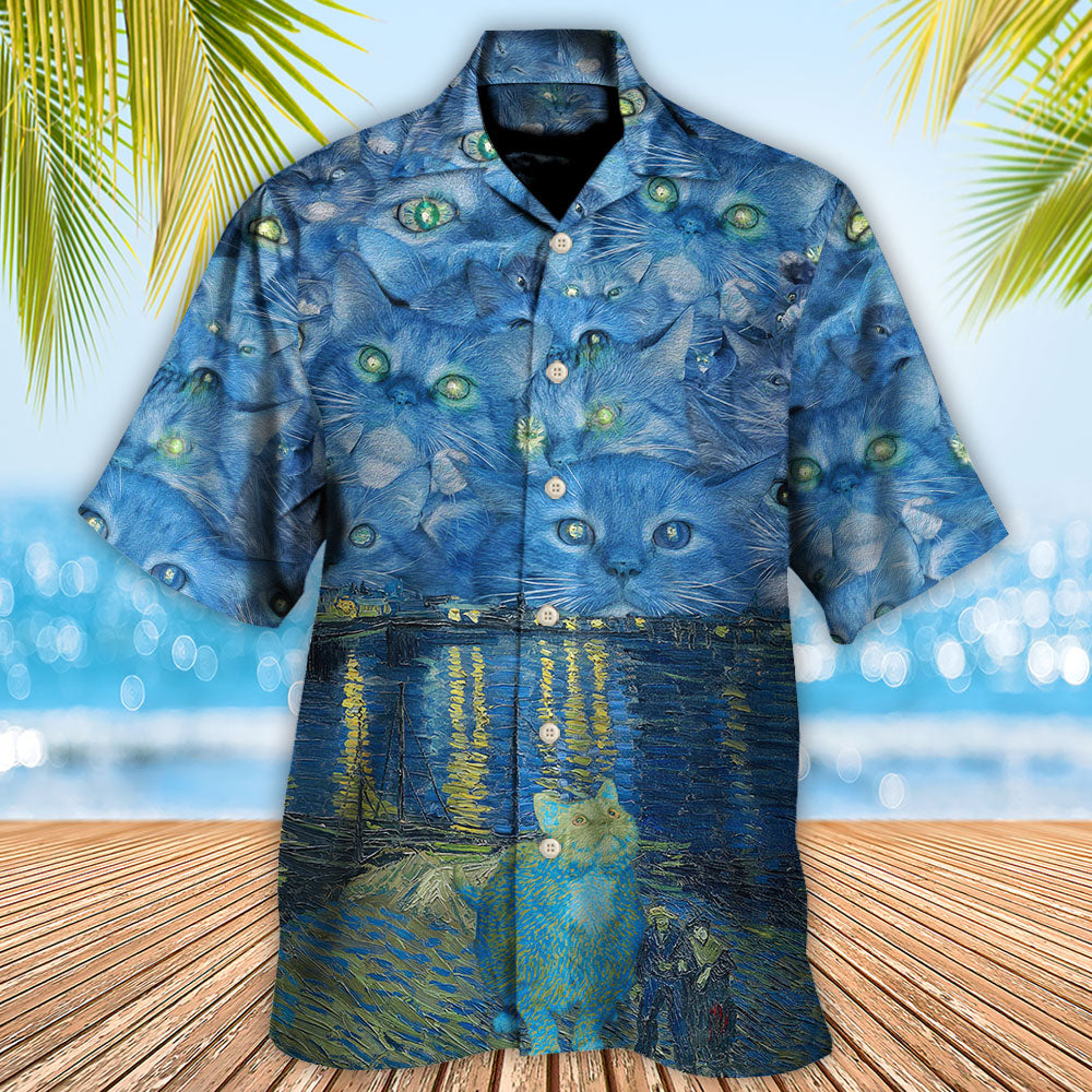 Cat Starry Night Hawaiian Shirt Design View For Casual Summer Styling