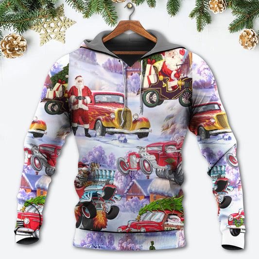 Santa Hot Rod Christmas Tree Hoodie For Winter Adventures Family Gatherings And Festive Everyday Style
