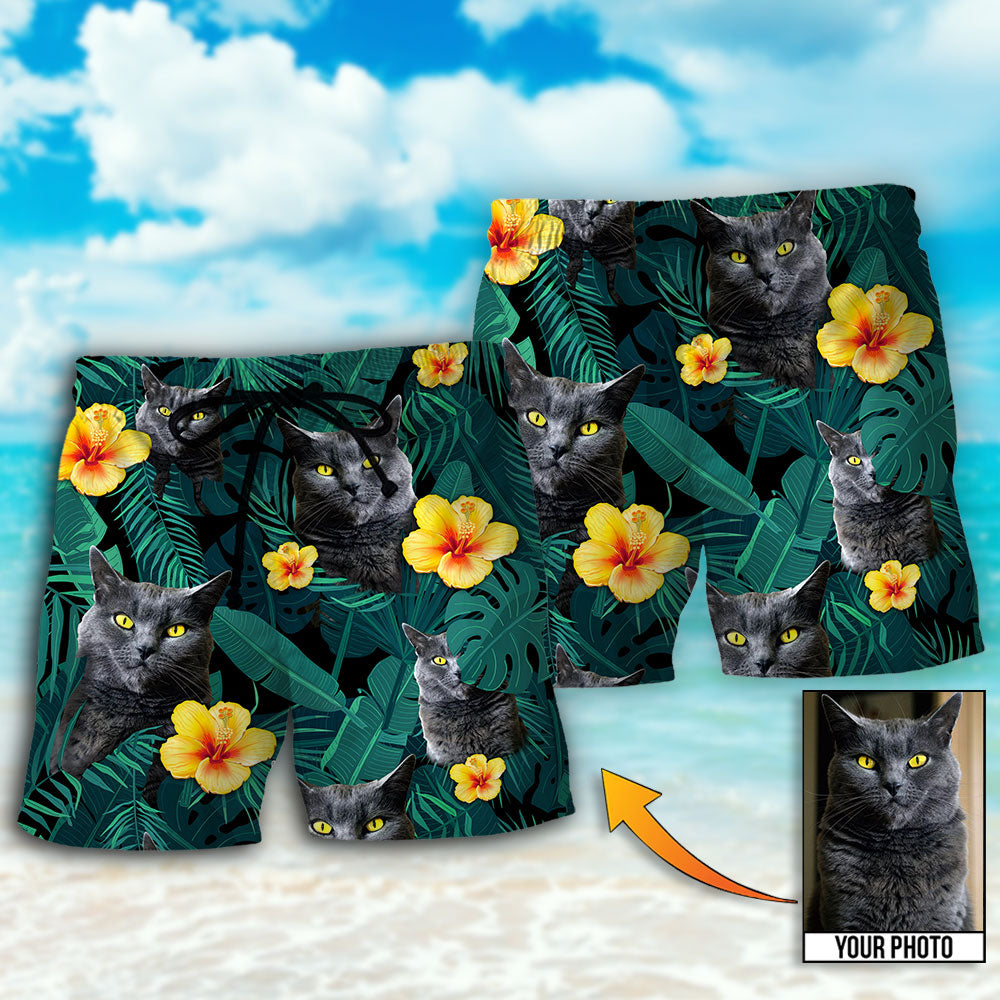 Black Cat Green Tropical Style Personalized Photo Beach Shorts Artwork View For Seaside Trips And Casual Style