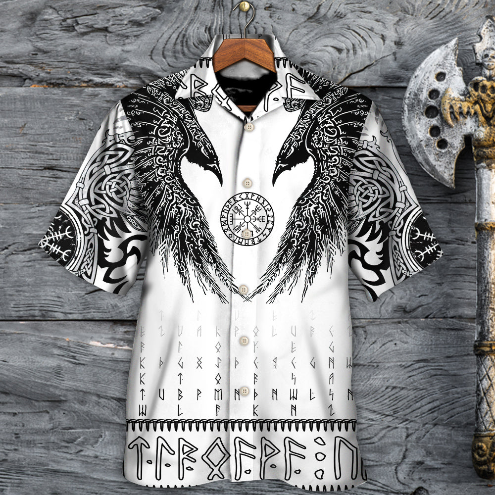 Black Norse Warrior Runic Raven Scandinavian Hawaiian Shirt For Summer Events And Casual Outdoor Wear