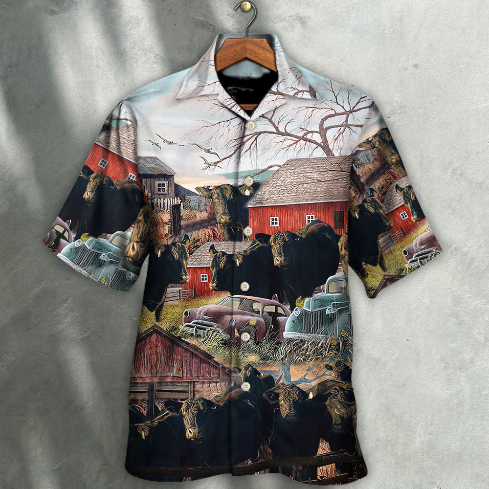 Rustic Cow Farm Country Hawaiian Shirt Pattern Detail For Vacation Travel And Daily Wear
