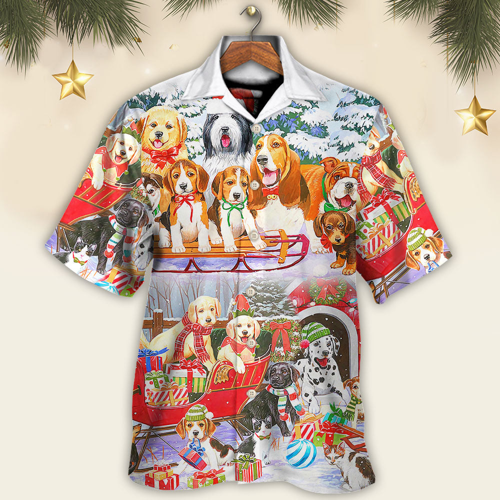 Festive Dog Snowman Christmas Tree Hawaiian Shirt Pattern Detail For Warm Weather Events