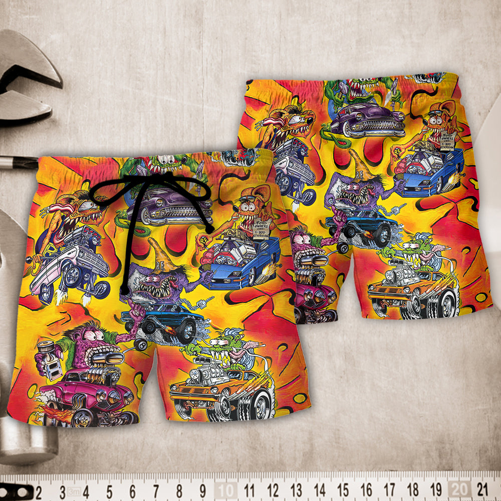 Vintage Classic Hot Rod Racing Beach Shorts Pattern Detail For Vacation Style And Thoughtful Gift Giving