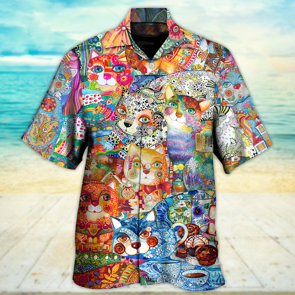 Cat Hawaiian Shirt Pattern Detail For Vacation Travel And Daily Wear