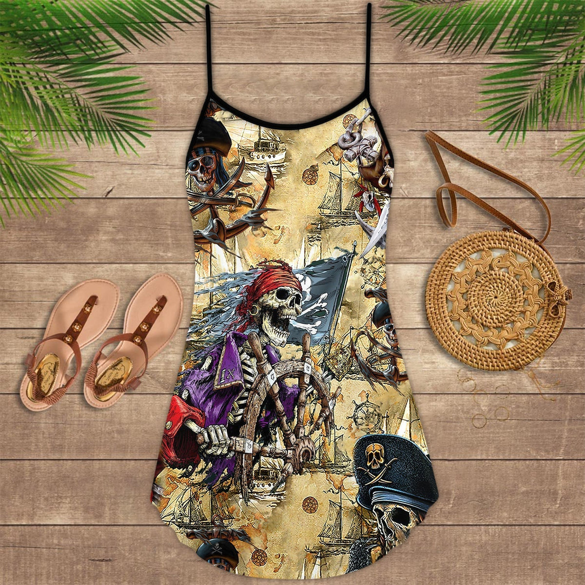 Skull Pirate Pirate V-Neck Sleeveless Cami Dress For Gothic Events And Relaxed Casual Wear