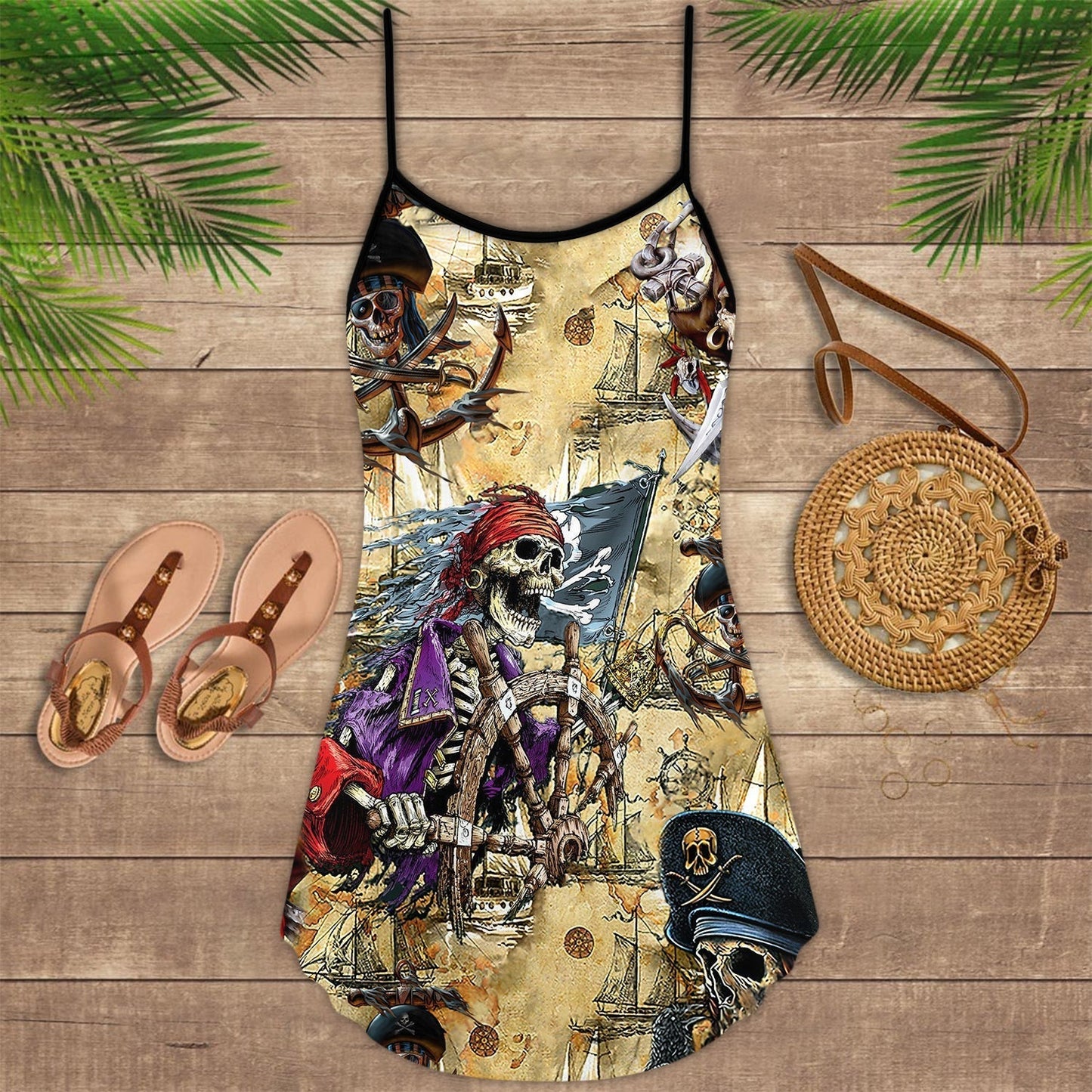 Skull Pirate Pirate V-Neck Sleeveless Cami Dress For Gothic Events And Relaxed Casual Wear