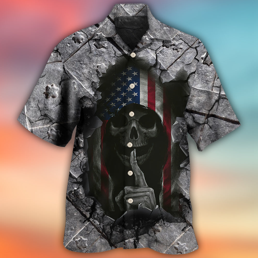 Dark Skull American Flag Strong Wrought Iron Hawaiian Shirt For Coastal Adventures And Warm Weather Wear