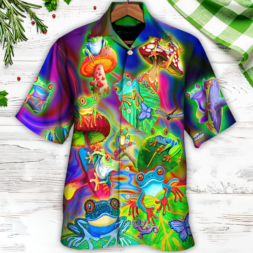 Colorful Tropical Frog Fun Hawaiian Shirt All Over Print Detail For Resort Wear