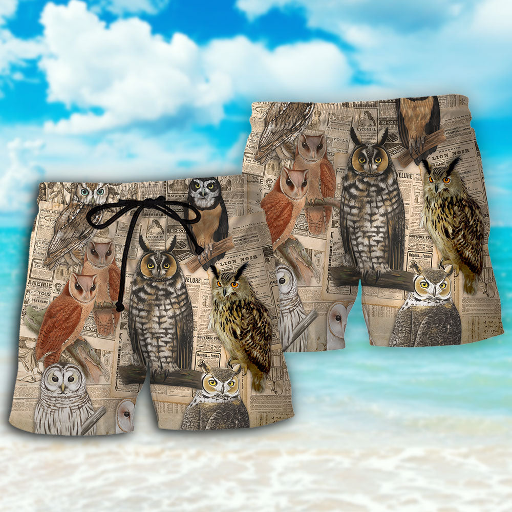 Vintage Owl Paper Beach Shorts Pattern Detail For Everyday Outings And Warm Weather Wardrobe