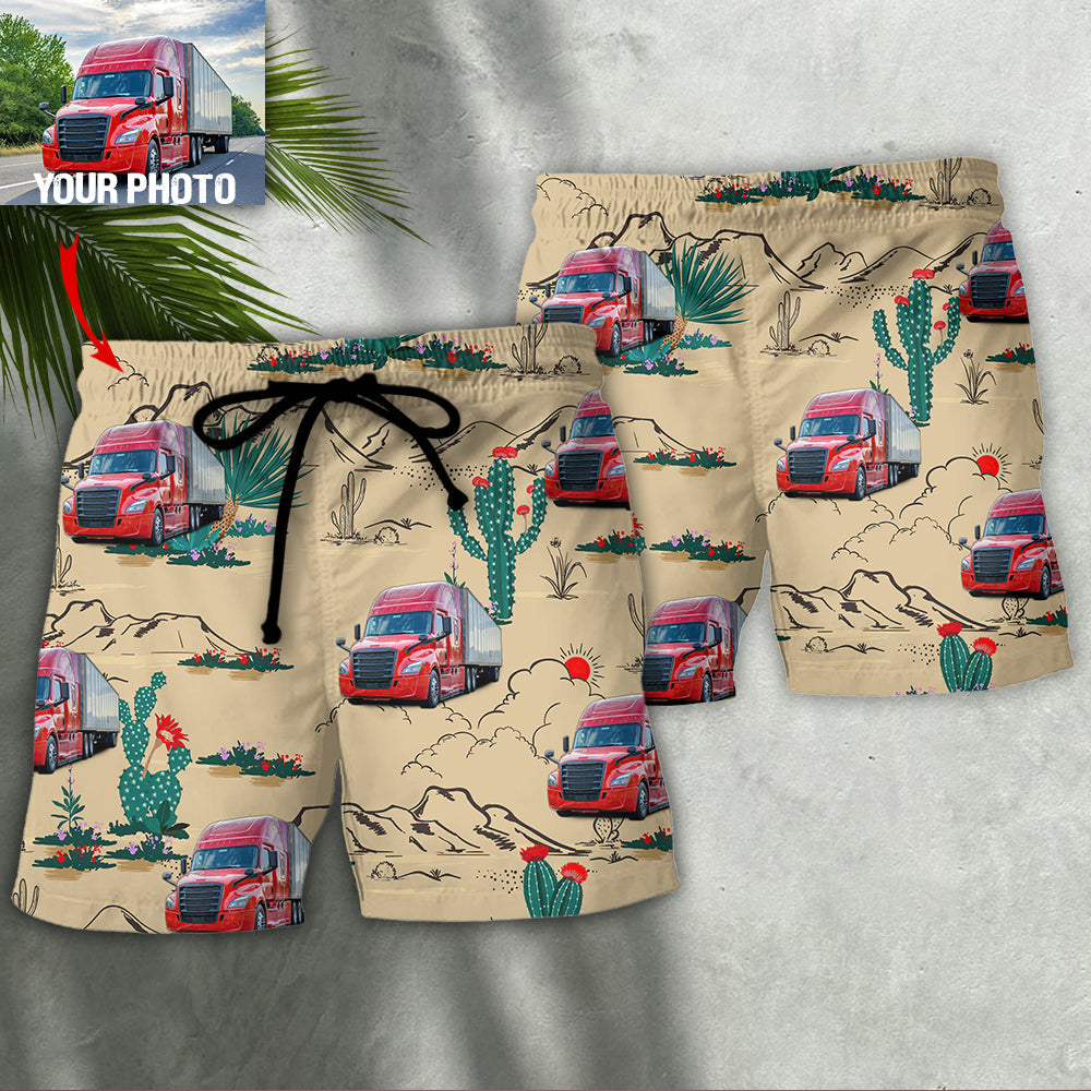 Semi Truck Desert Cactus Custom Photo Beach Shorts For Road Trips And Summer Travel