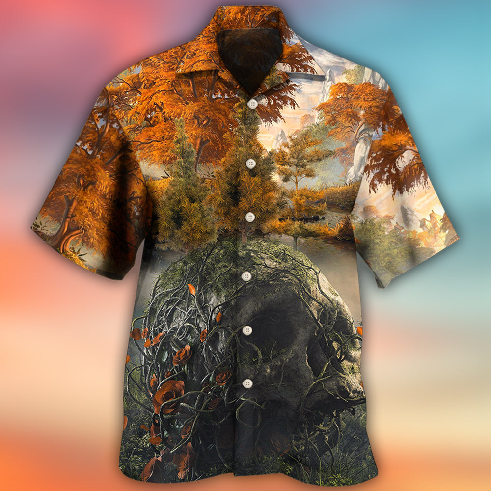 Skull Forest Hiking Camping Hawaiian Shirt Pattern Detail For Vacation Travel And Daily Wear