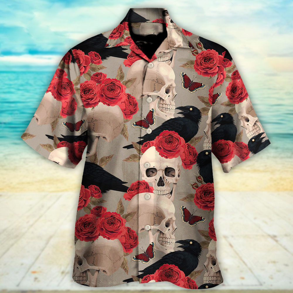 Floral Skull Rose Raven Gothic Hawaiian Shirt Artwork Detail For Resort Trips And Outdoor Activities